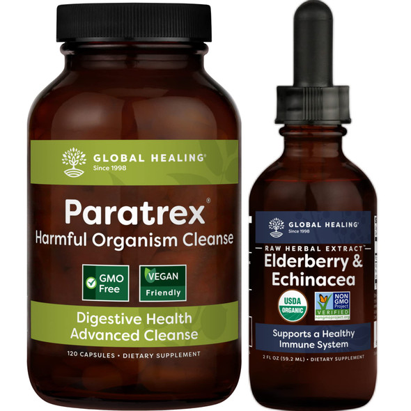 Global Healing Paratrex and Elderberry & Echinacea Kit - Organic Liquid Supplement Drops for Antioxidant Immune Support Against Harmful Organisms and Gentle Detox & Cleansing - 120 Capsules & 2 Fl Oz