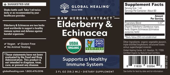 Global Healing USDA Organic Elderberry & Echinacea Liquid Supplement Tincture | Antioxidant Immune Support Against Harmful Organisms for Adults and Kids, Vegan, Non-GMO, 2-Month Supply (2 Oz)