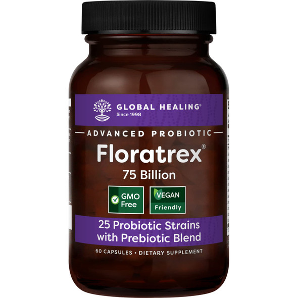 Global Healing Floratrex Probiotic Blend Supplement with Prebiotics for Healthy Digestion, Support Digestive Tract, and Normal Immune System - Men & Women - 75 Billion CFU, 25 Strains, 60 Capsules