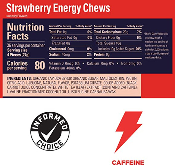 GU Energy Chews, Strawberry Energy Gummies with Electrolytes, 18 Packs (144 Chews Total)