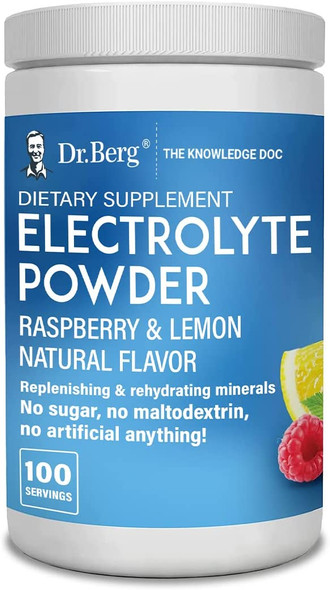 Dr. Berg's Electrolyte Powder, Raspberry & Lemon Natural Flavor - Hydration Drink Mix Supplement w/ 13x Potassium - Boost Energy & Keto Friendly - NO Maltodextrin Sugar & Carb Free - 100 Servings