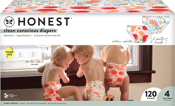 The Honest Company Clean Conscious Diapers, Just Peachy + Flower Power, Size 4, 120 Count Super Club Box