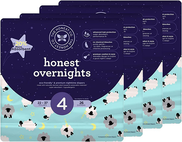 Honest Overnight Baby Diapers, Sleepy Sheep, Size 4, 104 Count