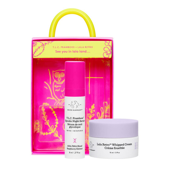 Drunk Elephant Call It A Night Evening Skin Kit - Night Skin Care Set. T.L.C. Framboos Glycolic Night Serum 8ml/.27fl oz, Lala Retro Whipped Cream, 15ml/.5fl oz. Smoothing and Replenishing Skin Care