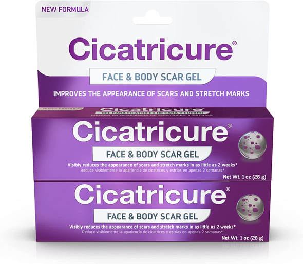 CICATRICURE Face & Body Scar Gel, Reduces The Appearance of Old & New Scars, Stretch Marks, Surgery, Injuries, Burns and Acne, 1 Ounce- Pack of 2, Multicolor