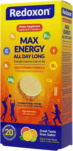 Redoxon Max Energy, Sustained Energy Formula, Helps Support Your Immune System, Max Energy All Day Long, Citrus Fruits Flavor, 20 Effervescent Tablets, 2.82 Oz, Box