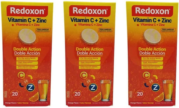 Redoxon Vitamin C Tablets | Orange Flavor, Effervescent Double Action Supplement of Vitamin C and Zinc for Immune System Support, Healthier Lifestyle, and More Energy; 3-Pack of 20 Tablets