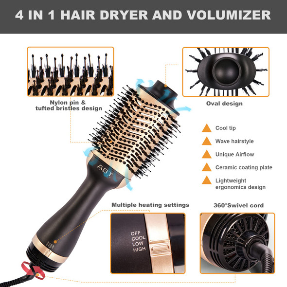 Hot Air Brush, 4 in 1 Hair Dryer Brush & Volumizer, One Step Blow Dryer Suitable for Straight and Curly Hair, Ceramic Coating Achieve Salon Styling at Home 1200W（Gold）