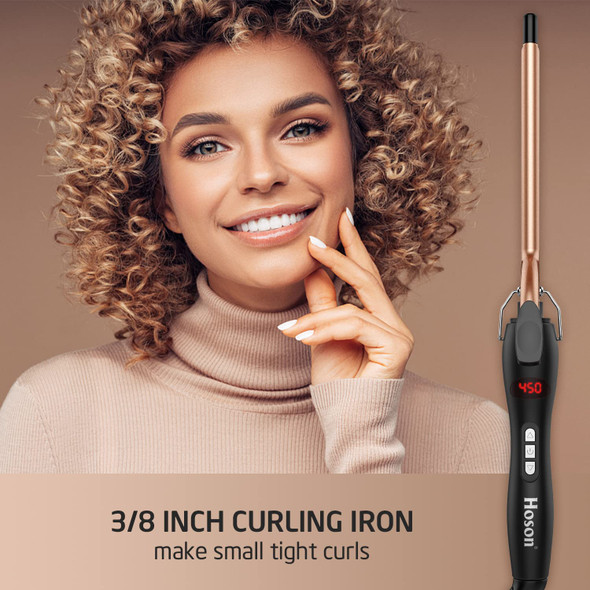 9mm Thin Curling Iron Ceramic, 3/8 Inch Small Barrel Curling Wand for Long & Short Hair, LCD Display with 9 Heat Setting Include Glove(Golden)