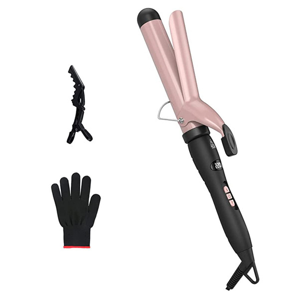 Curling Iron Wand with Tourmaline Ceramic Coating 140 - 430, 1.25 Inch Curling Iron for All Types of Hair, Dual Voltage Crimp, Include Heat Resistant Glove, Rose Gold