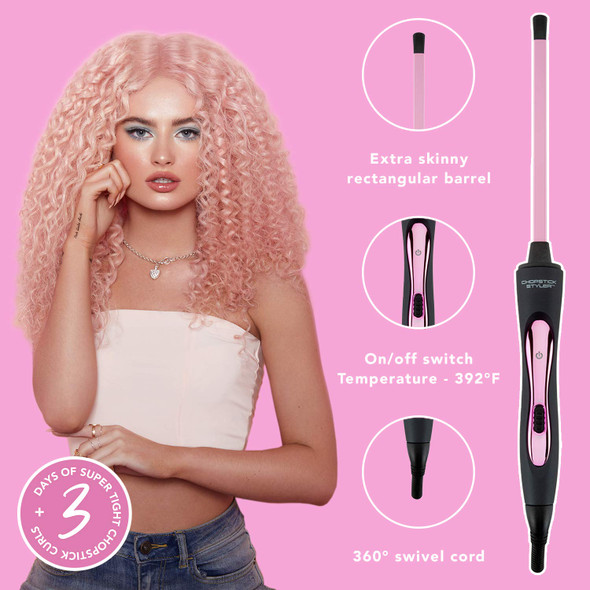 CHOPSTICK STYLER Heroine Professional Curling Wand, 3/8 Super Skinny Rectangular Ceramic Barrel for Tight, Natural, Ringlet Long Lasting Chopstick Curls - Curler for Long & Short Hair