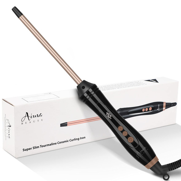 Aima Beauty 3/10 Inch Small Curling Wand, 9mm Super Slim Tourmaline Ceramic Curling Iron for Short & Long Hair, Dual Voltage & Adjustable Temperature