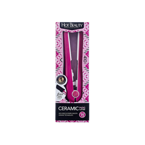 Hot Beauty Professional Ceramic Mini Flat Iron 1/2" Anti-Frizz Extreme Smooth (Pink) Travel Pouch Included