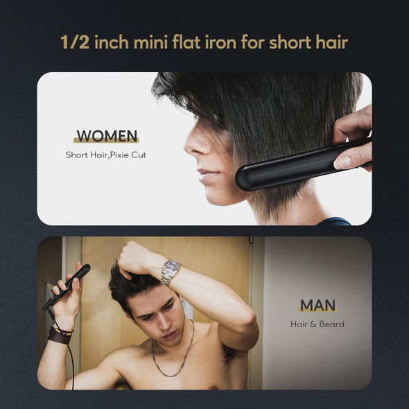 Terviiix Mini Flat Iron for Short Hair Temperature Adjustable, 1/2 Inch Mini Travel Hair Straightener, Small Portable Ceramic Hair Straightener for Men, Black