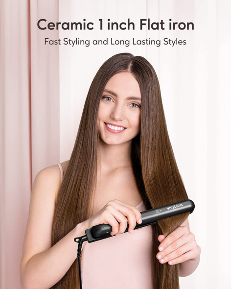 Wavytalk Hair Straightener 1 Inch Ceramic Flat Iron for Black Women Hair, Dual Voltage Flat Iron Hair Straightener with 15s Fast Heat Up, Flat Iron for Hair with 180-450 Adjustable Temp,Regular Size