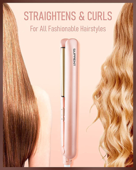 SUPRENT Hair Straightener, 1 Inch Flat Iron, 2-in-1 Ceramic Straightens & Curls for Travel, Heats Up Fast, Hair Straightening Iron with 110-240V Dual Voltage and LCD Display, Pink