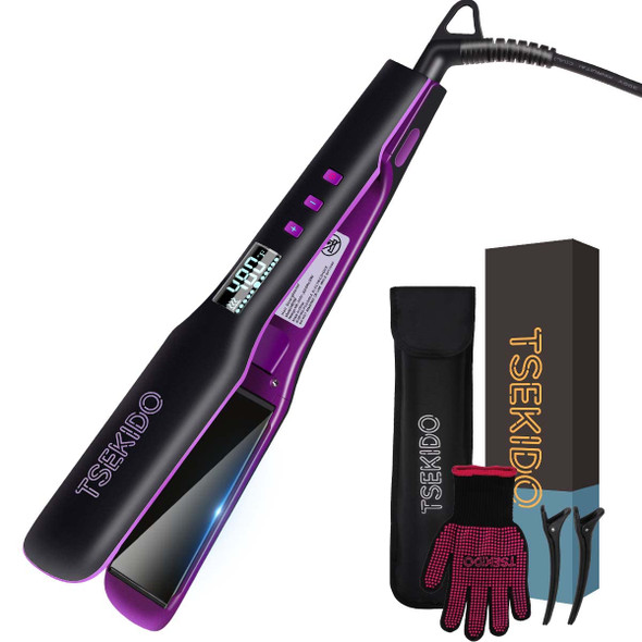TSEKIDO Flat Iron Hair Straightener, Professional 2 in 1 Straightening and Curling Ceramic Titanium Flat Iron with Dual Voltage, Digital LCD 480 Fast Heating Hair Iron(1.5 inch Plate)