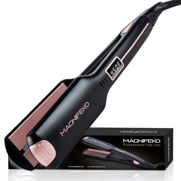 Magnifeko Professional Flat Iron - Hair Straightener Wide Plate & Digital Display - Infrared Hair Straightening Tool for All Hair Types - Dual Voltage Titanium Hair Straightners (Black Rosegold)