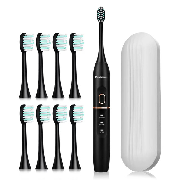 Kingheroes Sonic Electric Toothbrush with 8 Brush Heads & Travel Case，4 Modes, One Charge for 60 Days, 42000 VPM Motor，Black Electric Toothbrush Set