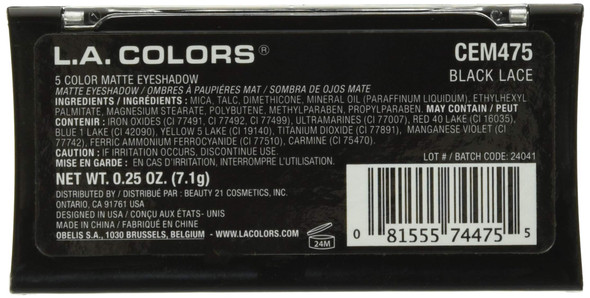 L.A. COLORS 5 Color Matte Eyeshadow, Black Lace, 0.08 Oz