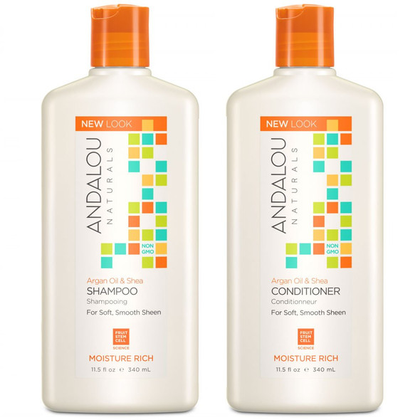 Andalou Naturals Argan Oil and Shea Moisture Rich Shampoo and Conditioner Bundle with Aloe Vera Extract, Jojoba Oil, and Argan Oil for Hair for Men and Women, 11.5 Ounce. Each