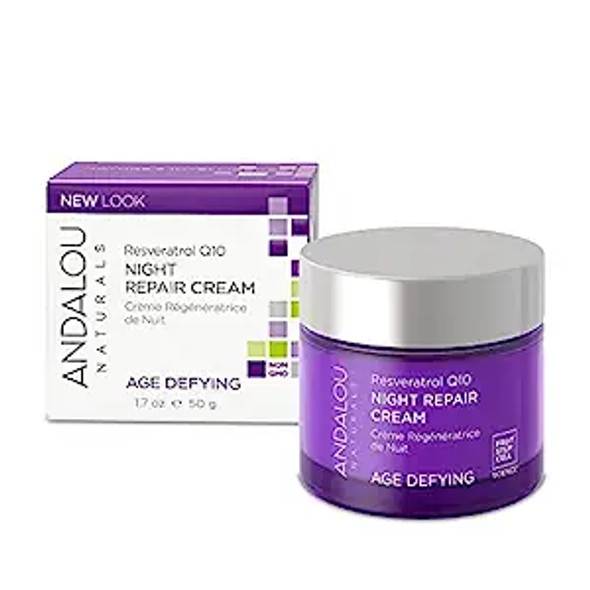 Andalou Naturals Resveratrol Q10 Night Repair Cream, For Dry Skin, Fine Lines & Wrinkles, For Softer, Smoother, Younger Looking Skin, 1.7 Ounce