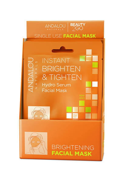 Andalou Naturals Instant Brighten and Tighten Hydro Serum Facial Mask, Single Face Mask, 0.6 Ounce (Pack of 6)