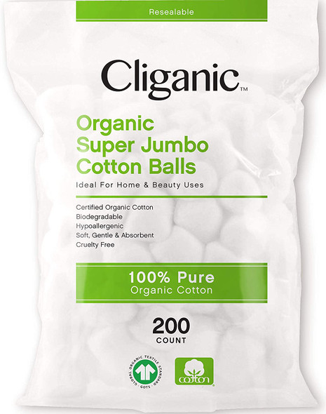 Cliganic Organic SUPER JUMBO Cotton Balls (200 Count) - Biodegradable, Hypoallergenic, Absorbent, Large Size, 100% Pure