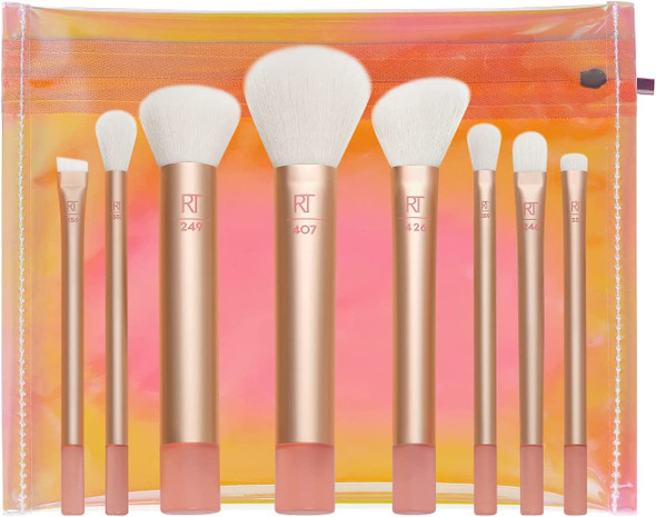 Real Techniques The Wanderer Makeup Brush Kit, Premium and Professional Brush Set, Soft Bristles, For Foundations, Powders, and Concealers, 9 Piece Set, Gold