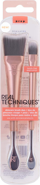 REAL TECHNIQUES Skincare Brush Duo for Hands Free Skin Care Application, Hygenic, Face Brush, Eye Brush, and Jar Scoop Made With Stainless Steel, Use With Serums, Creams, and Toners, 2 Piece Set, Pink