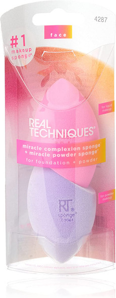 REAL TECHNIQUES Chroma Miracle Airblend Makeup Blending Sponges, For Liquid and Cream Foundations, Dewy or Matte Finish, 2 Count, Purple & Pink