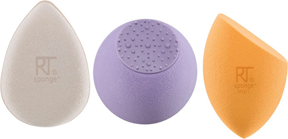 REAL TECHNIQUES Sponge+ Beauty Makeup Blenders for Facial Cleansing, Toner, and Foundation, Probiotic and Vegan Collagen infused (3 Piece Kit)