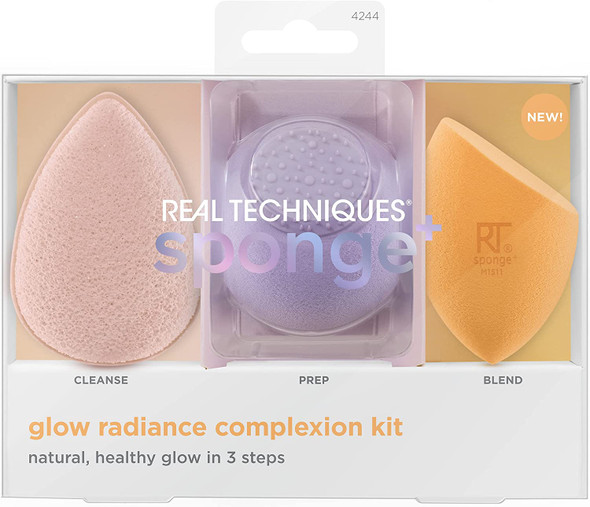 REAL TECHNIQUES Sponge+ Beauty Makeup Blenders for Facial Cleansing, Toner, and Foundation, Probiotic and Vegan Collagen infused (3 Piece Kit)