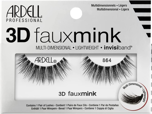 Ardell False Eyelashes 3D Faux Mink 864 Black Multi-Layered Lashes Extreme Curl Soft Ultra Luxurious Faux Mink Uneven Lengths Full Volume Long Length Vegan-Friendly Eyelashes