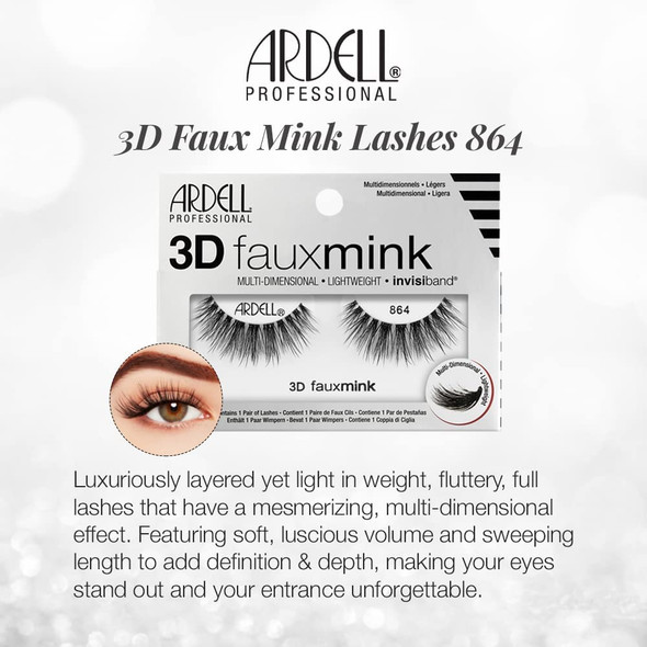 Ardell False Eyelashes 3D Faux Mink 864 Black Multi-Layered Lashes Extreme Curl Soft Ultra Luxurious Faux Mink Uneven Lengths Full Volume Long Length Vegan-Friendly Eyelashes