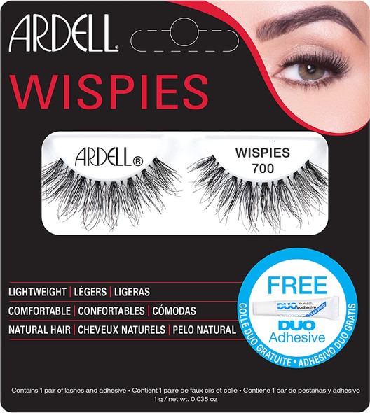 Ardell False Eyelashes Wispies 700 With Free Mini Duo Adhesive Black Feathery Full Plush Lashes Long Volume Long Length Vegan-Friendly Eyelashes