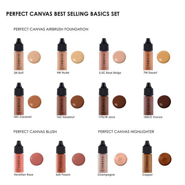 TEMPTU Perfect Canvas Airbrush Foundation, Blush, Highlighter Set: Long-Wear Makeup, Buildable Coverage | For Hydrated & Healthy Skin | Semi Matte, Natural Finish