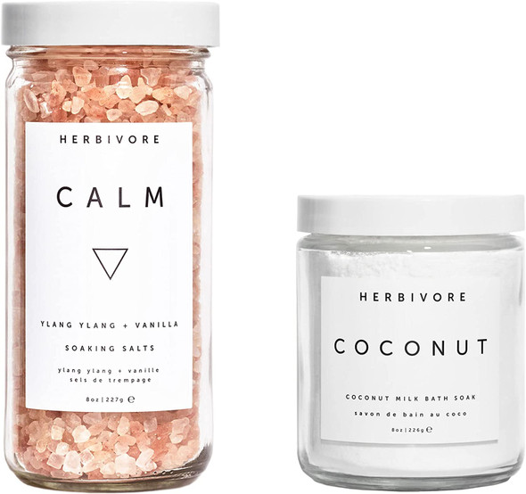 Herbivore Botanicals Luxurious Bath Duo - Coconut Bath Soak (8 oz) Bundle with Calm Soaking Salts (8 oz) for a Relaxing, Skin-Softening Bath