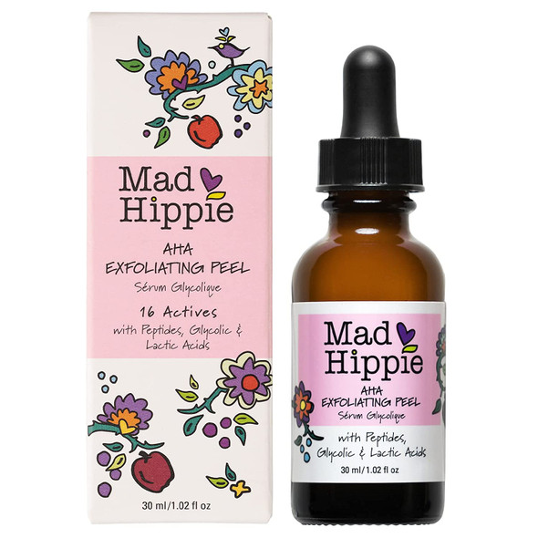 Mad Hippie AHA Exfoliating Peel with Peptides, Clean & Natural Skin Care, Alpha Hydroxy Acids - Glycolic Acid, Lactic Acid, Brighten Skin & Reduce the Appearance of Discolorations, 1.02 Fl. Oz.