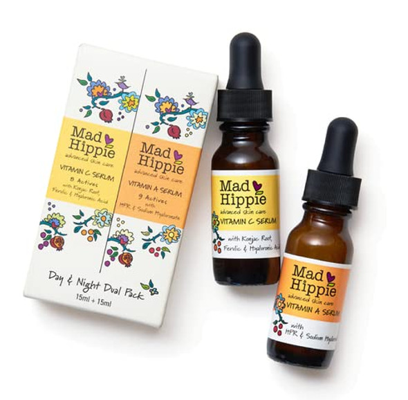 Mad Hippie Skin Care Set, Day & Night Dual Pack Includes 1 - Vitamin C Serum with Vitamin E & 1 - Vitamin A Serum with HPR & Aloe, Natural Vegan Active Ingredients, Travel Size, 0.5 Fl Oz Ea