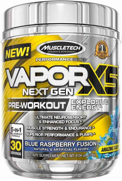 Pre Workout Powder | MuscleTech Vapor X5 | Pre Workout Powder for Men & Women | PreWorkout Energy Powder Drink Mix | Sports Nutrition Pre-Workout Products | Blue Raspberry (30 Servings)-Package Varies