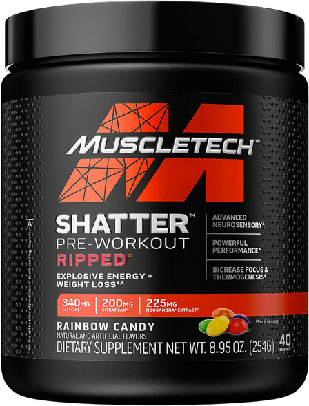 Pre Workout + Weight Loss | MuscleTech Shatter Ripped Pre-Workout | Pre Workout for Men & Women | PreWorkout Energy Powder Drink Mix | Energy + Weight Loss Formula | Rainbow Candy (40 Servings)