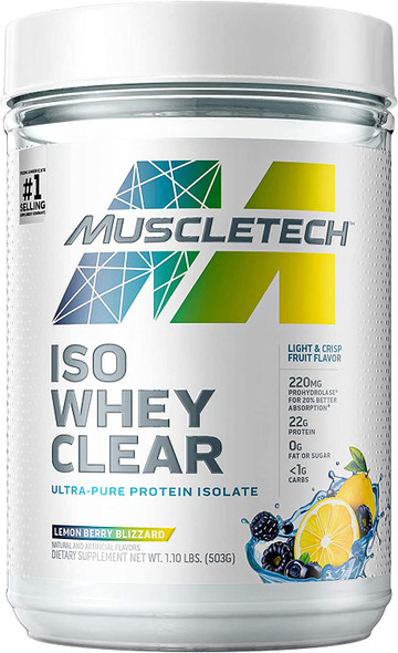 Whey Protein Powder | MuscleTech Clear Whey Protein Isolate | Whey Isolate Protein Powder for Women & Men | Clear Protein Drink | 22g of Protein, 90 Calories | Lemon Berry Blizzard, 1.1lb(19 Servings)