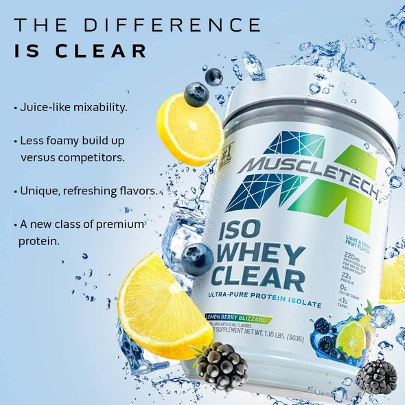 Whey Protein Powder | MuscleTech Clear Whey Protein Isolate | Whey Isolate Protein Powder for Women & Men | Clear Protein Drink | 22g of Protein, 90 Calories | Lemon Berry Blizzard, 1.1lb(19 Servings)