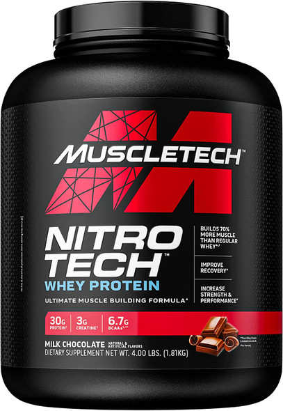 Whey Protein Powder | MuscleTech Nitro-Tech Whey Protein Isolate & Peptides | Milk Chocolate, 4 Pound (Pack of 1), 40 Servings