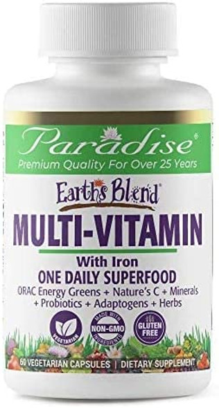 Paradise Herbs Earth's BlendA® Organic Superfood Multivitaman with Iron | Antioxidants, Probiotics, Adaptogens, Vitamins A, B, C, D, K2 | Orac Energy Greens + Minerals + Herbs | 60 Vegetarian Capsules