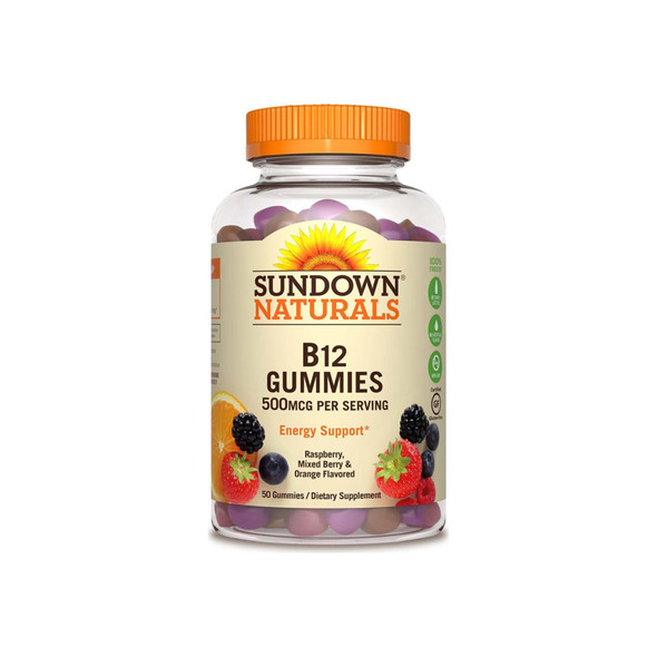 Sundown Naturals Vitamin B-12 Energy Support Gummies, Berry, Raspberry & Orange 50 ea