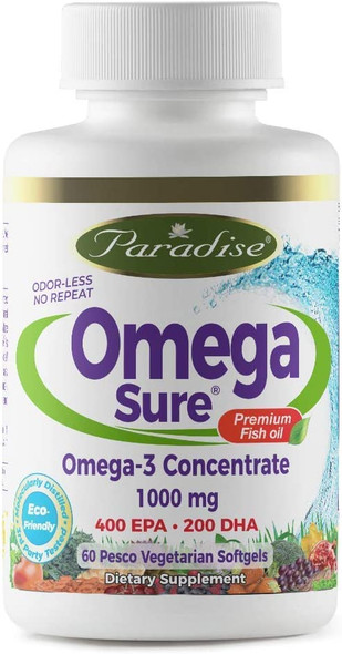 Paradise Herbs, Omega Sure Premium Fish Oil | Omega-3 1,000 mg, 400 EPA, 200 DHA | 60 Pesco Vegetarian Softgels