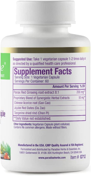 Paradise Herbs - Ginseng + with Qi Balancing Tangerine + Jujube Rad Panax Ginseng Root Extract - Supports Healthy Energy Levels (Qi) | Supports Optimum Well-Being | 60 Count