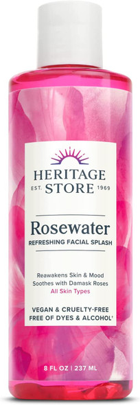 Heritage Store Rosewater, Refreshing Facial Splash for Glowing Skin, with Damask Rose, All Skin Types, Rose Water for Face Made Without Dyes or Alcohol, Vegan & Cruelty Free (8oz)